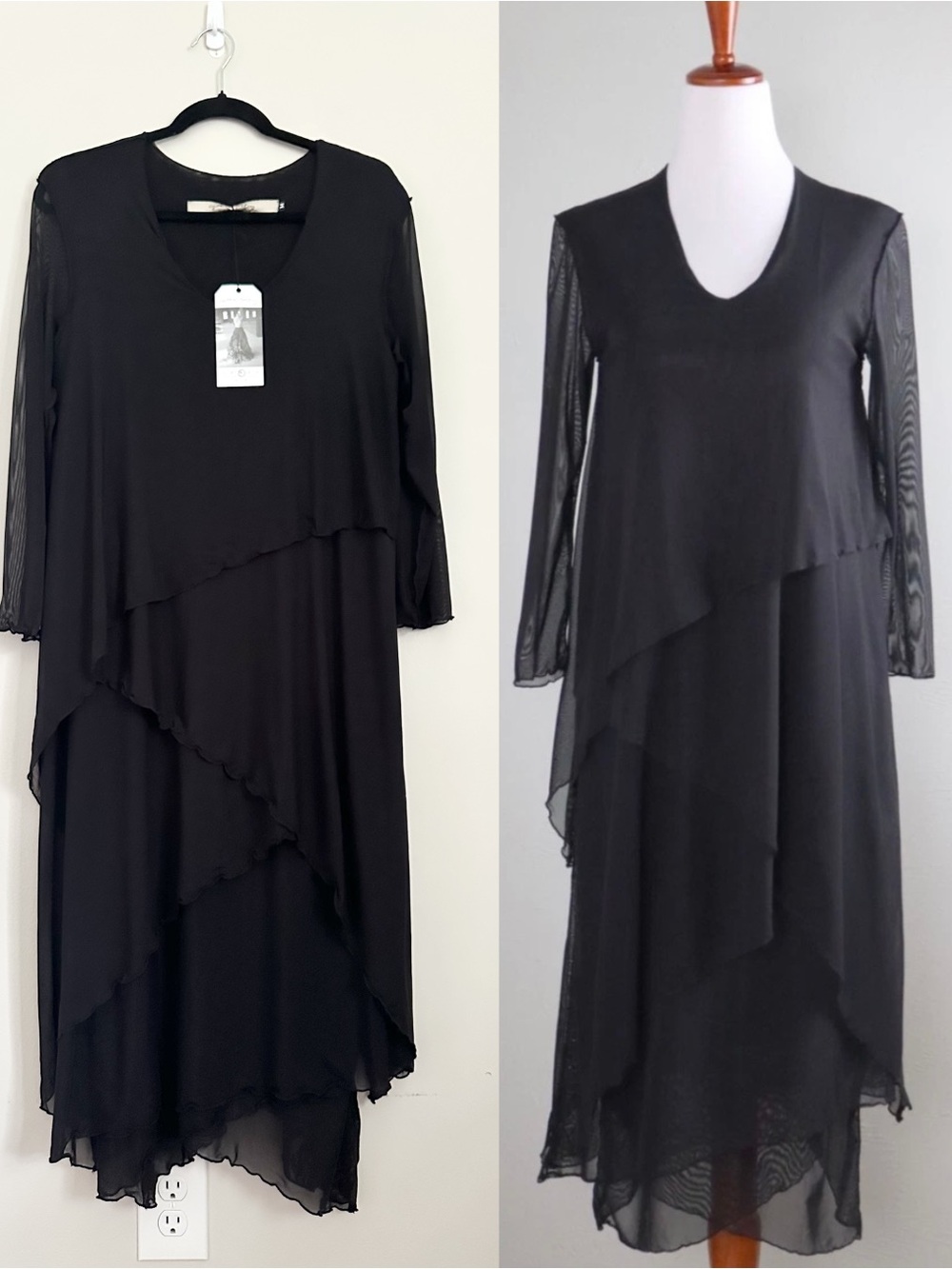 Cynthia Ashby Black Mesh Layered Asymmetrical Midi Dress Size M NWT Lagenlook